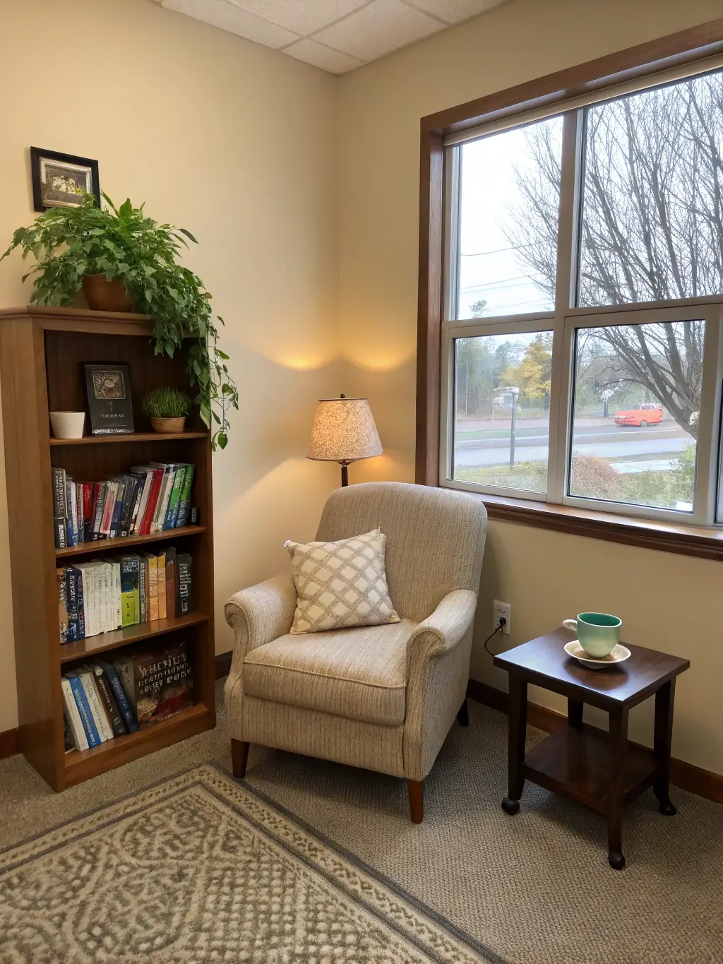 A serene therapy room with soft lighting, comfortable seating, and plants, creating a calming atmosphere for individual therapy sessions at Ostara Counseling LLC.