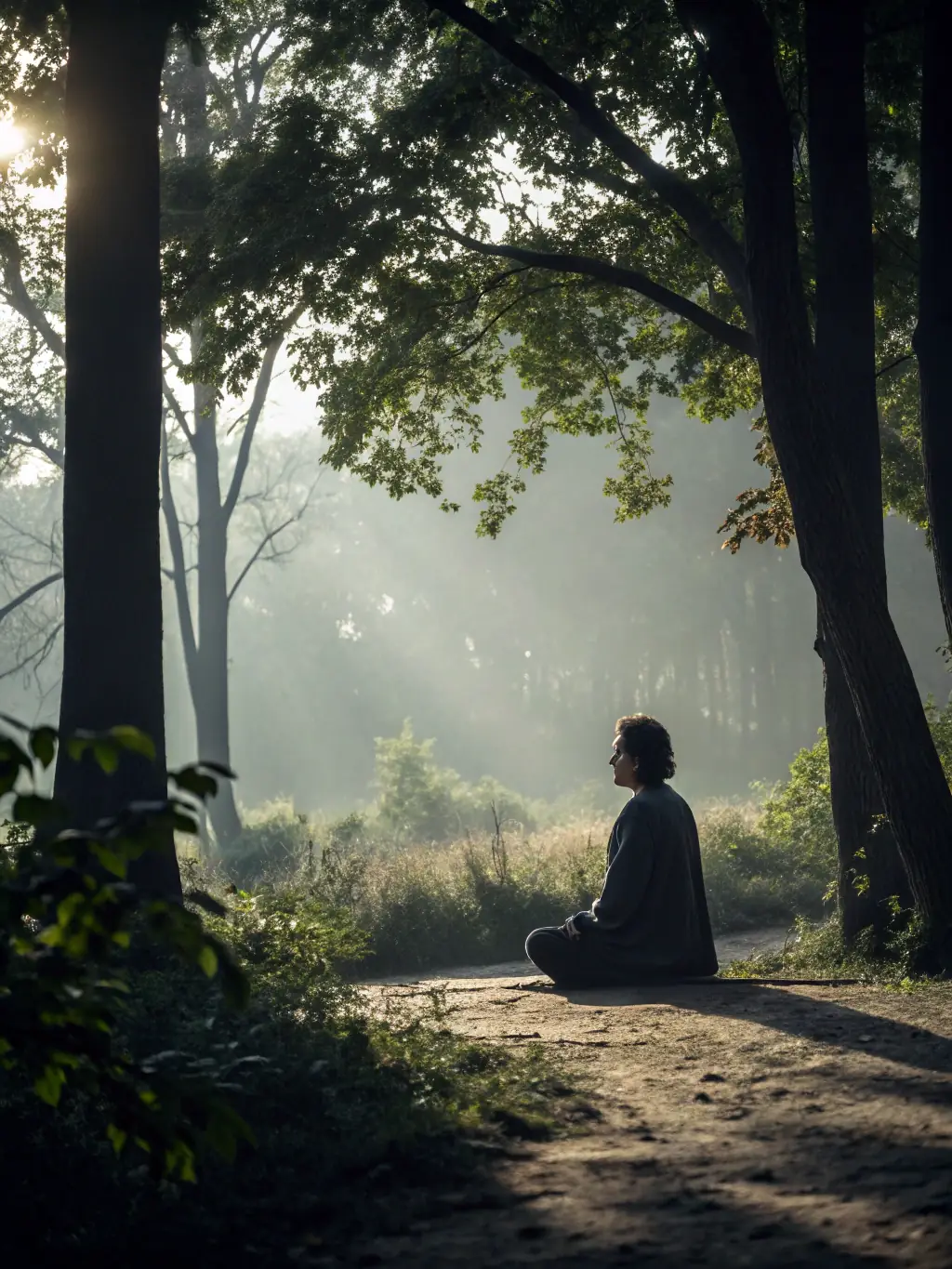 A serene image of a person meditating in a lush green forest, representing individual therapy and inner peace, suitable for Ostara Counseling LLC.